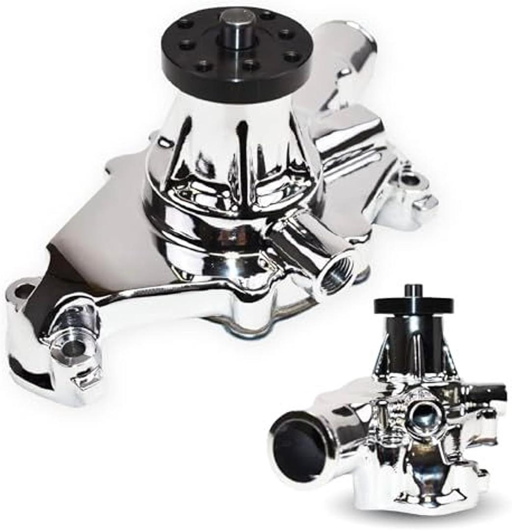 A-Team Performance 6-Blade Aluminum 305 Motor Water Pump - Short 5-5/8 in Height & 5/8 in Pilot Shaft - Chrome Finish High-Volume Impeller - Compatible with Small Block Chevrolet 265-400 Ci engines