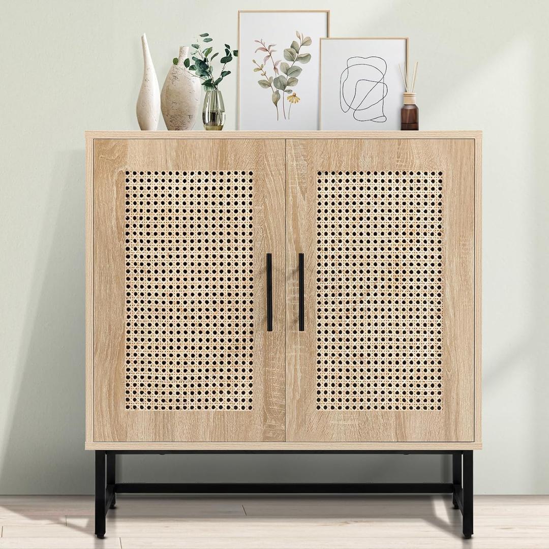 KFO Storage Cabinet with Handmade Natural Rattan Doors, Rattan Buffet Cabinet, Sideboard for Living Room, Hallway, Dining Room, Entryway (Wood Color)
