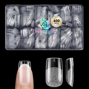 UNA GELLA Short Square Gel Nail Tips 600Pcs, Square Press on Nails Pre Etched Full Cover Soft Gel Nail Tips No C Curve For Women Girl DIY French & Chrome Style Salon At Home 12 Sizes