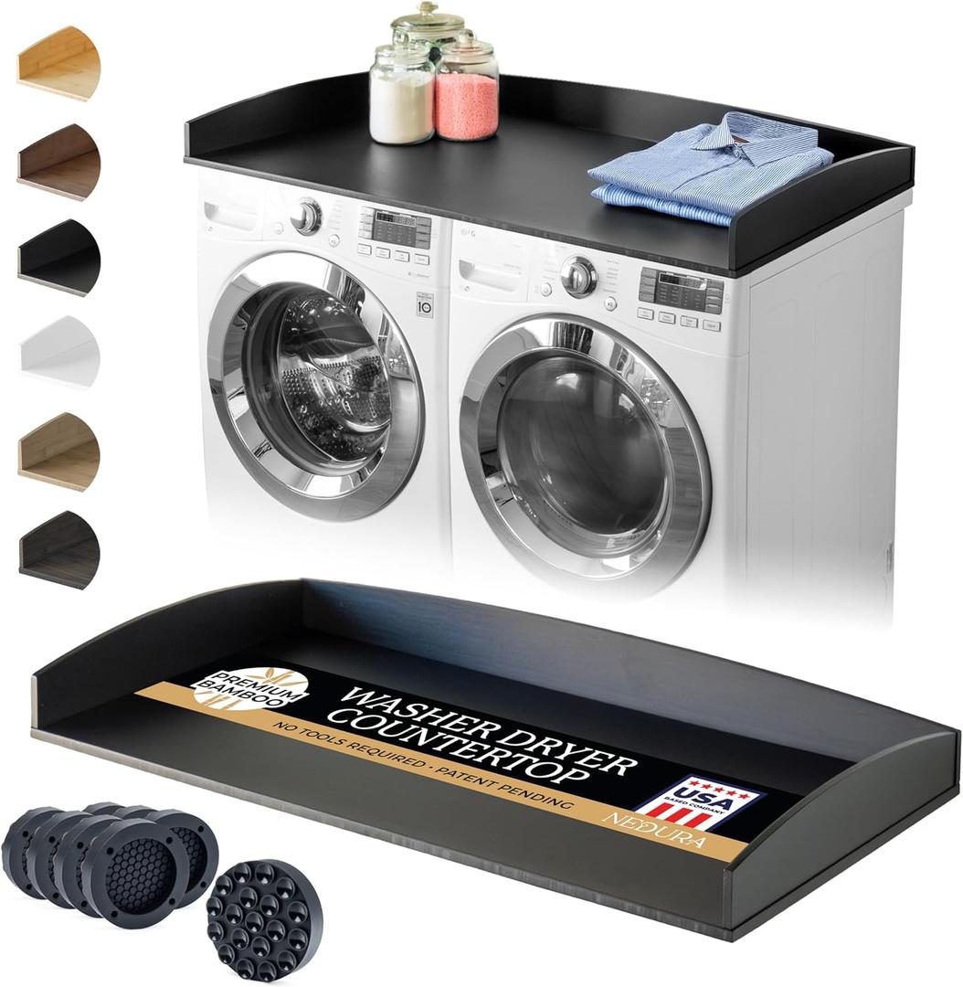 Nedura Washer Dryer Countertop w/Anti-Vibration Pads & Curved Edge Rails, Premium Bamboo Laundry Countertop, Washer Dryer Topper, Laundry Room Organization, Laundry Accessory, Designed in USA - Black