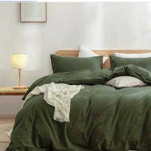 BESTOUCH Duvet Cover Set Queen Size 100% Washed Cotton Linen Feel Comfortable Soft Lightweight 3 Pcs Olive Green