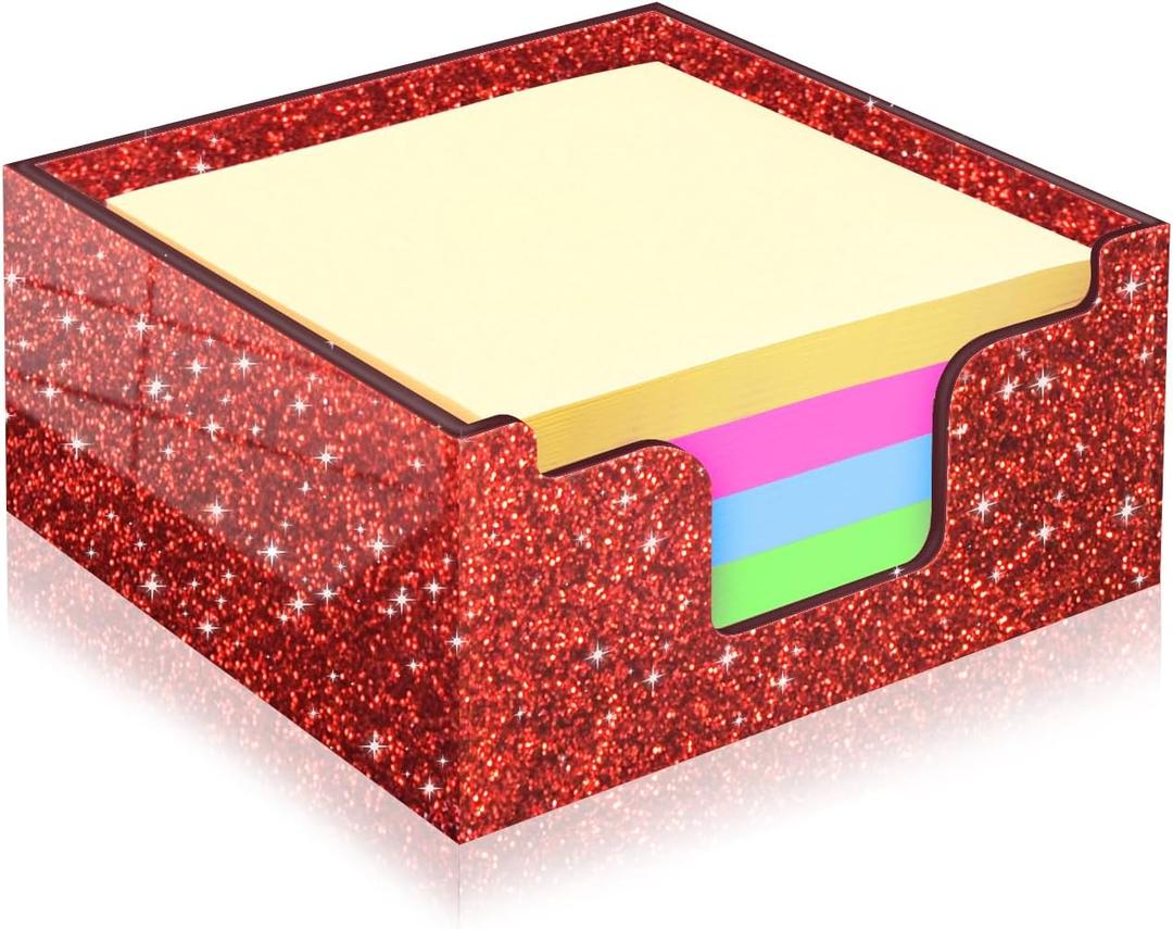 Rouidr Acrylic Sticky Note Holder, Self Stick Note Pad Holder, 3.94 x 3.94 Inch Glitter Memo Pad Dispenser Organizer for School Office Home Desk Supplies, Bright Red