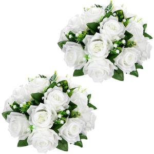 Briful Artificial Flower Balls for Table Centerpieces 2PCS 8.6" Silk Rose Floral Arrangement Fake Floral Bouquet for Wedding Parties Baby Showers DIY Event Home Decor(White)