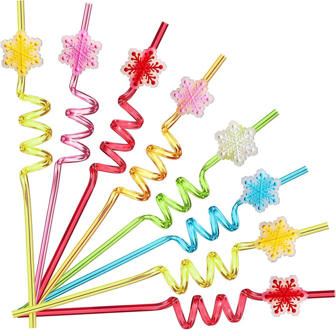 24 Reusable Snowflake Straws for Snowflake Winter Party Supplies Favors Wonderland Frozen Birthday - Christmas Gift with 2 Cleaning Brushes