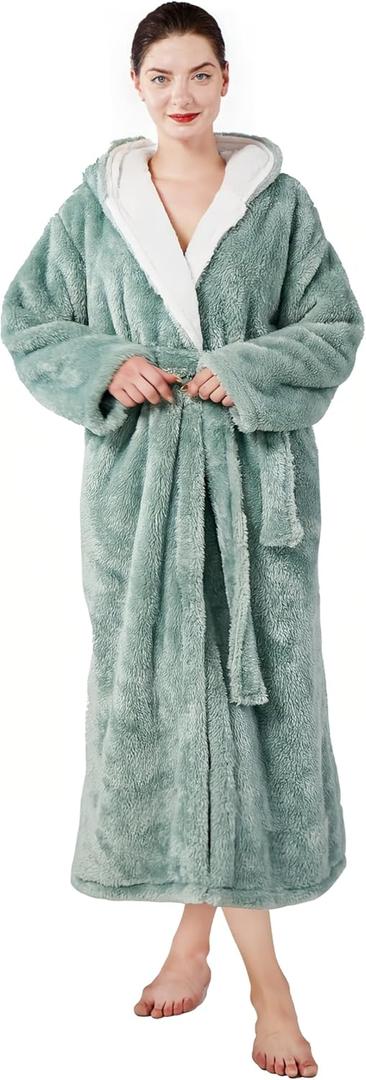 Women's robes hooded winter warm with pockets soft bathrobe for women Cozy Spa Lounge wear ladies plush full length (Large, Green)