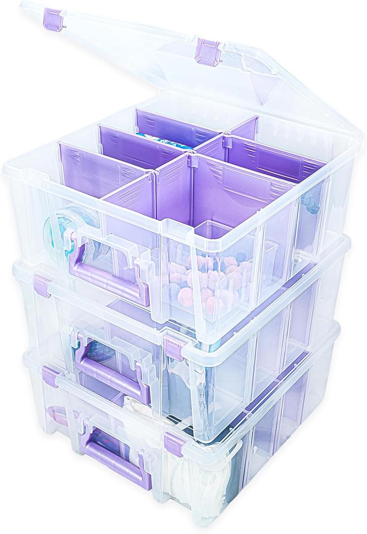 ArtBin Super Satchel Double Deep Compartment Box with Purple Accents in a 3 Pack - Art Storage with 8 Removable Compartments, Smart Closure for Craft Supplies (Purple - Pack of 3)