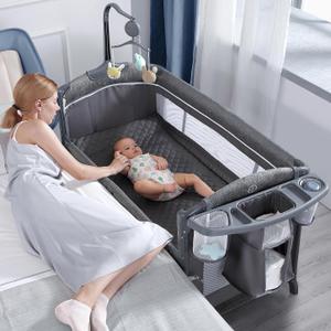 BabyBond Baby Bassinet Bedside Crib, Pack and Play with Sheet, Diaper Changing Table and Music Mobile from Newborn to Toddles, Portable Large Playard (Grey)