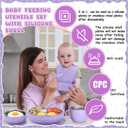 Nuogo 6 Pcs 304 Stainless Steel Kids Plates and Bowls Set Stainless Steel Suction Bowls and Toddler Cup with Removable Silicone, Forks Spoons Pocket Bib for Baby Toddle (Purple,Round)