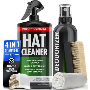 4-in-1 Professional Hat Cleaning Kit - Removes Dirt and Stains, Gentle Hat Cleaner for Baseball Caps, Fitted Cowboy, & Felt Hats, Complete Hat Cleaner with Hat Deodorizer, Brush & Microfiber Cloth