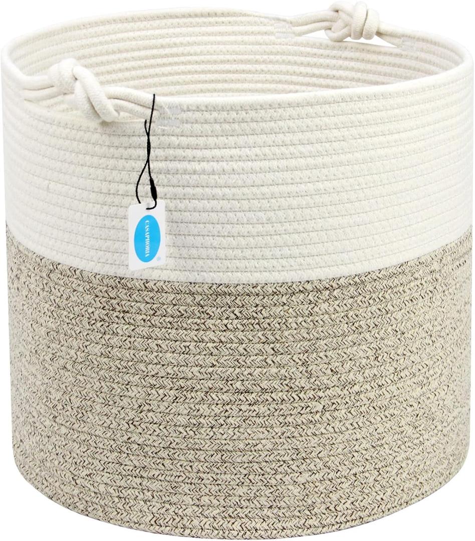 Casaphoria Natural Woven Cotton Rope Storage Basket for Organizing Towels Blanket Laundry Baskets for Bathroom,Tall Laundry Basket for Bedroom,Bicolor Round Woven Hampe with Handles for Living Room (White & Brown)