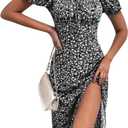 SPRIME Women's Floral Summer Casual Dress Square Neck Puff Sleeve Boho Midi Dresses Ruched Bust High Waist Split Long Dress (Black, L)