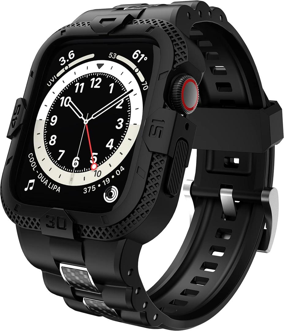 GELISHI Bands Compatible for Apple Watch Band  45mm 44mm 42mm, Men Sport Rugged Band with Protective Case for Watch Series 11 10 9 8 7/ SE 3/2/1/ Series 6 5 4 3 (Carbon Fiber/Black)