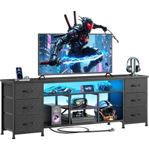 Furologee LED TV Stand for 65, 70, 80 Inch TV, 71 Inch Entertainment Center with Power Outlets, 6 Fabric Drawers Dresser for Bedroom, Media Console with Open Shelves, PU Leather Surface, Black