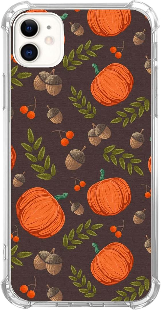 Aesthetic Autumn Pumpkin Phone Case Compatible with iPhone 12/iPhone 12 Pro, Fall Leaves Pine Cone Pattern Case for Girls Boys Women Men, Trendy TPU Bumper Cover for iPhone 12/iPhone 12 Pro