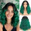 MISSQUEEN Ombre Green Wavy Wig for Women Lace Hairline Short Bob Style Synthetic Heat-resistant Natural Realistic Wig for Everyday Hairstyle Cosplay Party Halloween Use-18inch