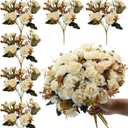 Rose Artificial Flowers Bouquet, 6 Packs Small Roses Flower, 10 Silk Rose Flowers Per Pack, Mini Fake Rose Flower Bunches, Miniature Roses for Decoration Home Wedding Table Centerpieces Decor, White (Autumn Collection in White)
