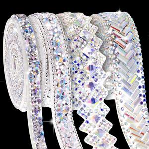 Juexica 4 Yards Self Adhesive Rhinestone Ribbons 4 Styles Rhinestone Diamond Roll Bling Ribbon Glitter Resin Diamond Belt for Home Clothing DIY Craft Wedding Baby Shower Event(Silver-AB,Classic)