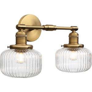 2-Lights Industrial Glass Wall Sconces, Antique Brass Clear Striped Globe Shade Wall Light Fixture for Bathroom Vanity, Bedroom, Dining Room, Living Room, Farmhouse, Stairs