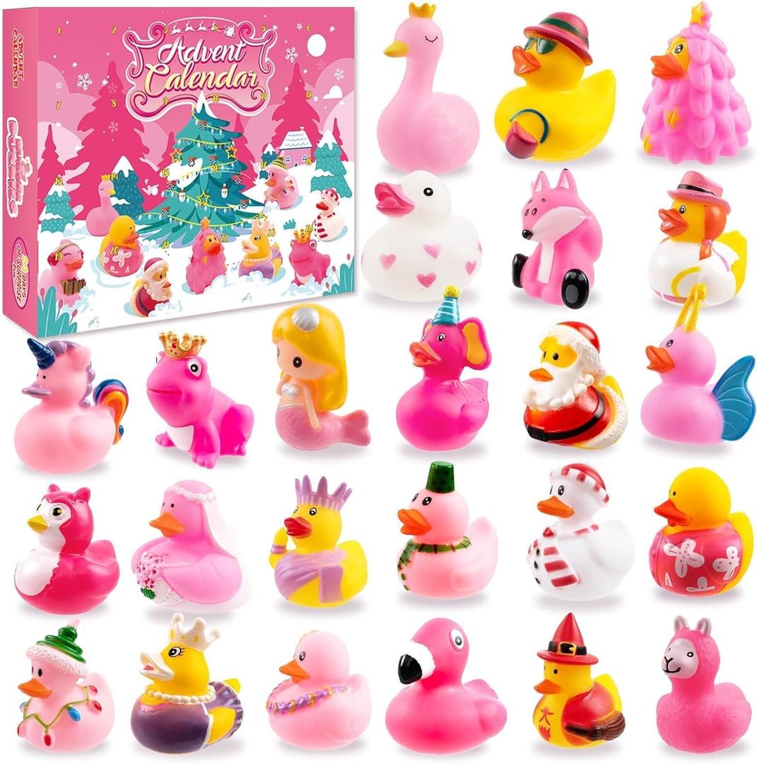 Pink Advent Calendar Christmas Ducks 2025 Kids, 24pcs Rubber Duck Vacation Advent Calendar 24 Days Christmas Countdown Toys Fun Duckies Bath Toys for Baby Shower Xmas Gifts Party Favors Girls Toddlers