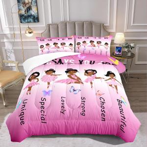 BATATADOCE Cute Little Ballet Bedding Sets African American Black Girls Pink Comforter Set Pink Princess Bed Set Kids Full Size Comforter Sets for Girls Bedroom,1 Comforter + 2 Pillowcases