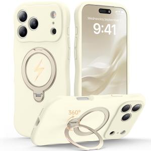 360 Spin Silicone Stand (Pro-Version) for iPhone 17 Pro Max Case: Cute Wavy [Full Camera Protection] (Fit for MagSafe) Shockproof Women Girl Phone Case for iPhone 17 Pro Max 6.9", Antique White