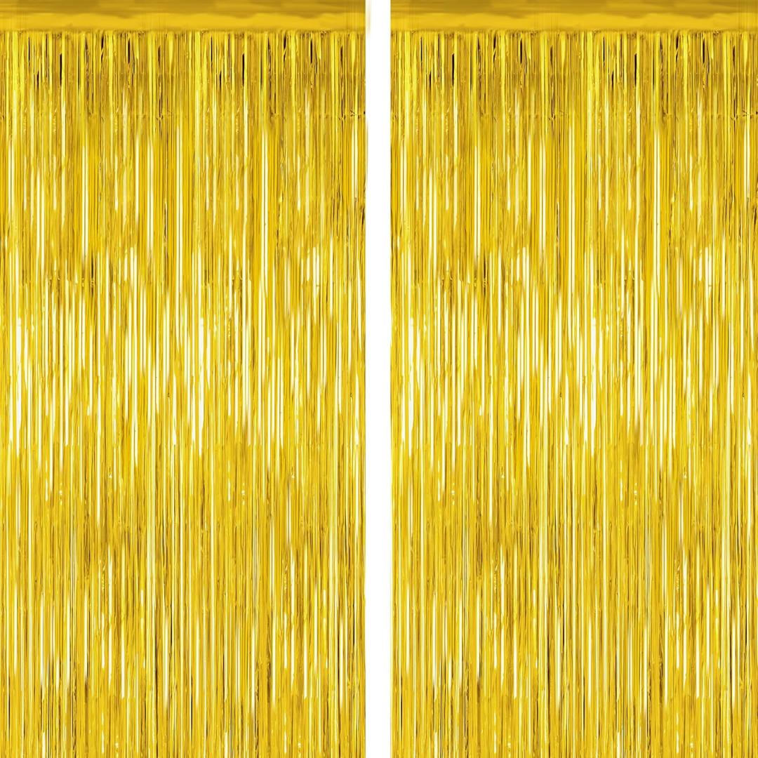 2 Pack Gold Tinsel Backdrop, 3.28 FT x 7.05 FT Metallic Fringe Curtain, Gold Color Graduation Backdrop Party Streamers, Party Supplies Door Decorations for Birthday Anniversaries