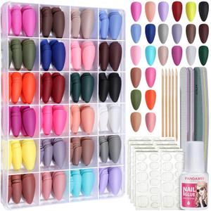 FANDAMEI Press on Nails Almond Matte, 24 Colors 576PCS Press on Nails Medium Almond Matte, Acrylic Medium Fake Nails Full Cover, Natural Press on Nail, False Nails with Nail Glue