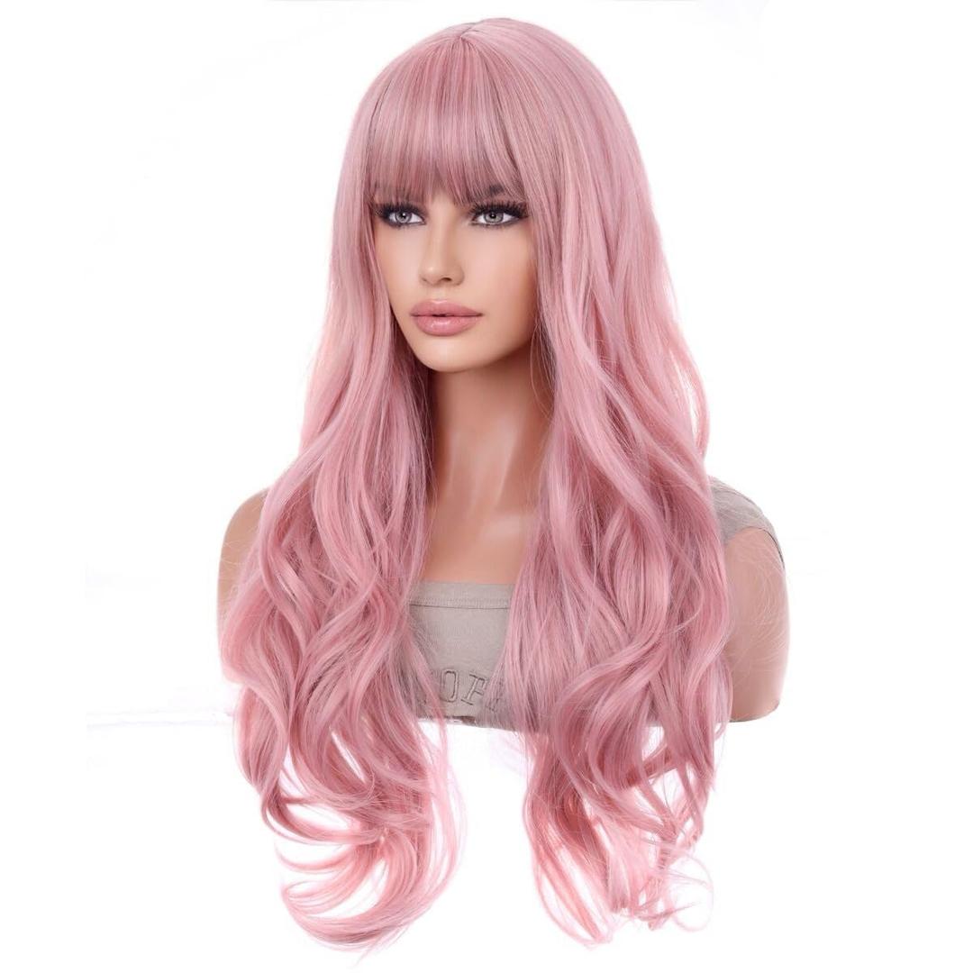 BERON Pink Wig Long Wavy Wig with Bangs Synthetic Wigs Long Pink Wigs for Daily Party with Hairnet