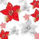 Boao 24 Pieces Christmas Artificial Glitter Poinsettia Flowers Xmas Flowers Wedding Christmas Tree New Year Ornaments(Black)