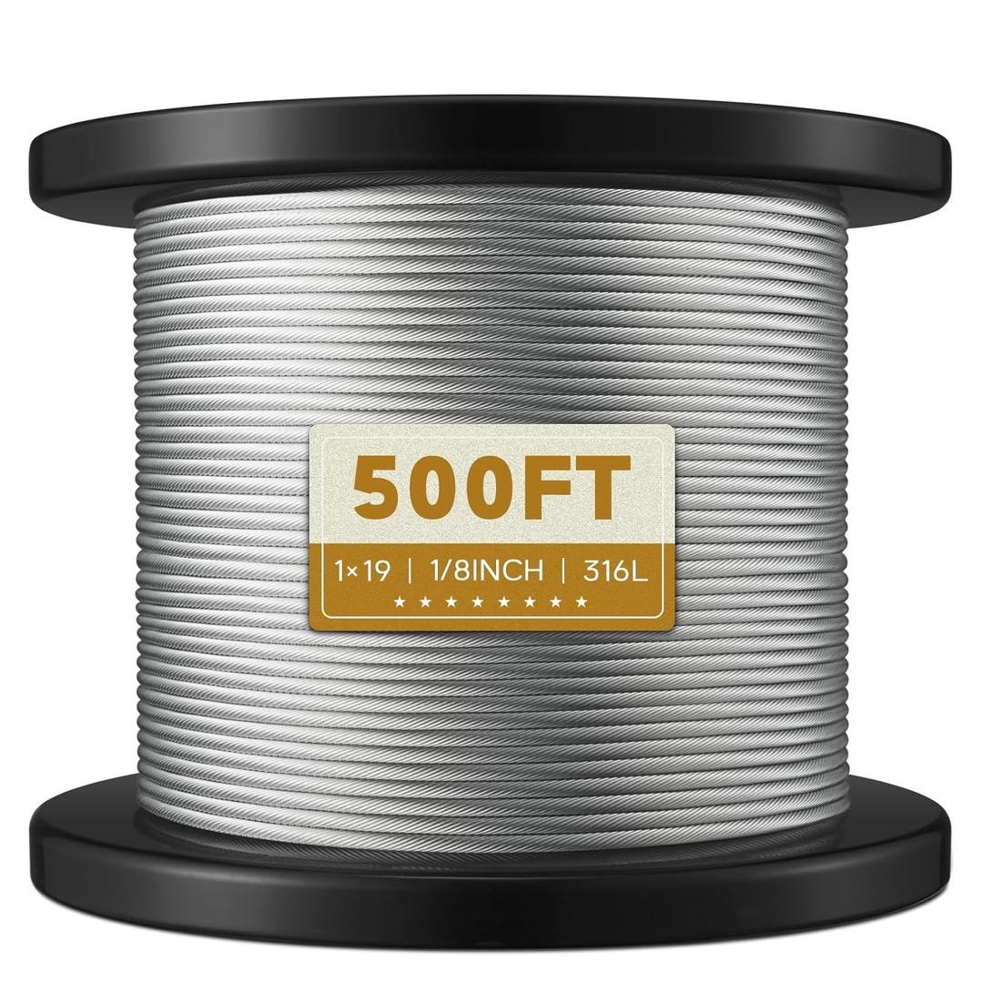 Stainless Steel Cable 1/8 Inch, 1 x 19 Strands Construction, 500FT T316L Stainless Steel Wire Rope Aircraft Cable for Deck Cable Railing, Fence, DIY Balustrades