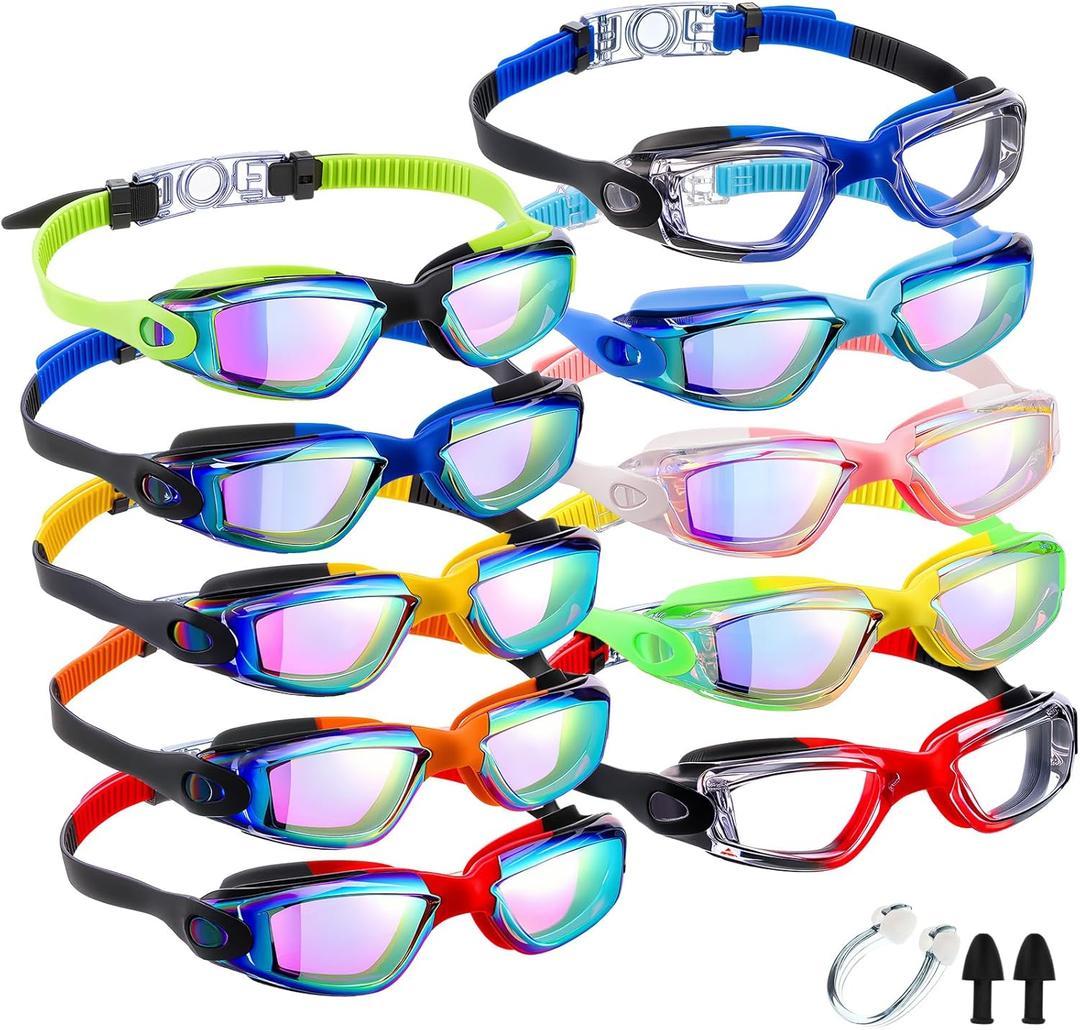 Konohan 10 Pack Swim Goggles for Kids Adults Anti Fog No Leak Silicone Swimming Goggles Glasses Ear Plugs Nose Clips for Pool (Multi Colors)