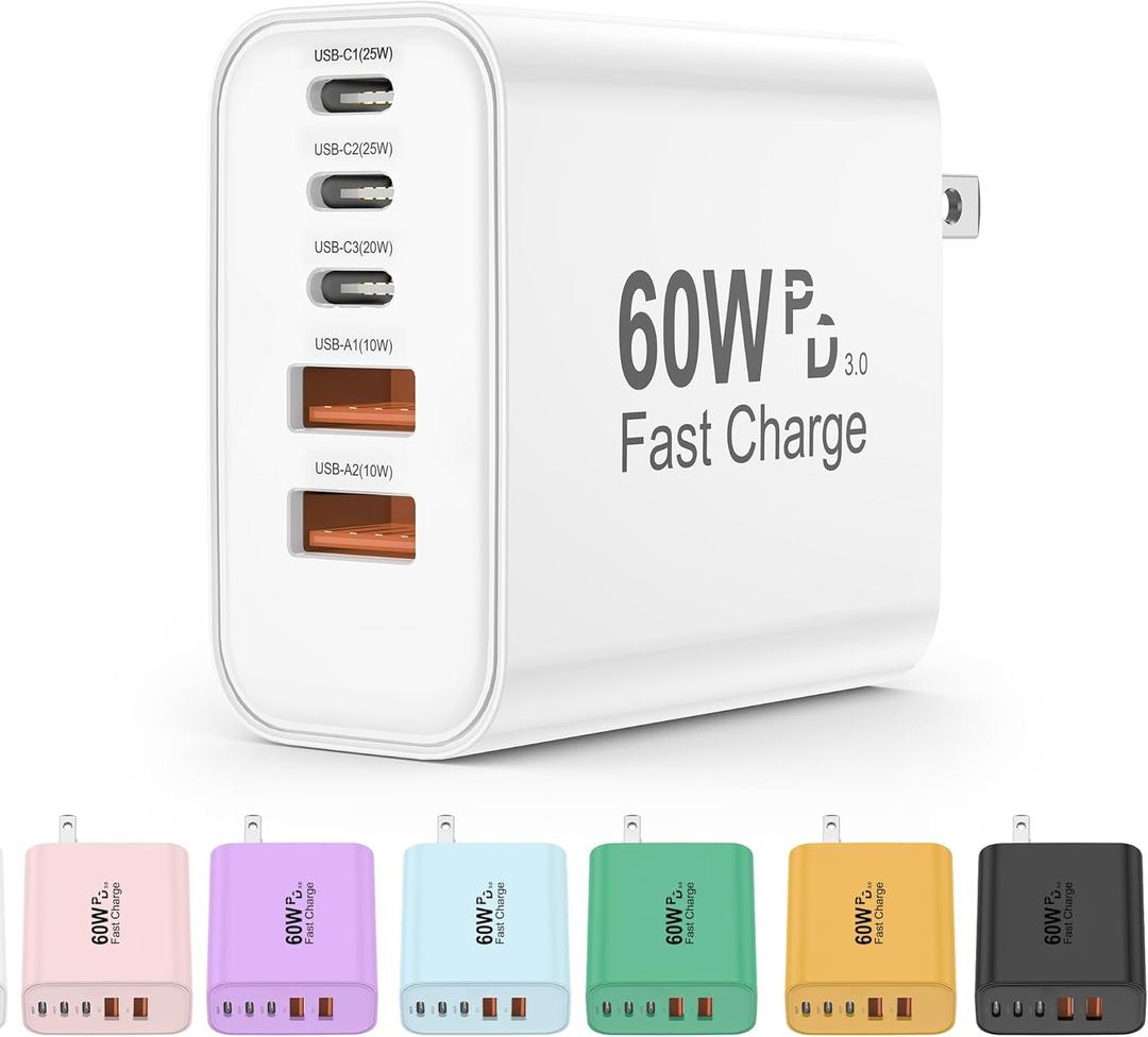 USB C Charger Block, 5 in 1 60W Charging Blocks, PD 3.0 25W Single Max Fast Charger, QC 2A USB Wall Charger for iPhone 16 15 14 13 12 11 Pro Max, iPad, iPod, Samsung, AirPods Pro, Apple Watch Series (White)