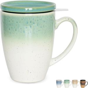 Bosmarlin Ceramic Tea Cup with Infuser and Lid, 13.5 Oz, 5 Colors to Choose, Microwave and Dishwasher Safe, Steeping Tea Mug with Strainer, Reactive Glaze (Green)
