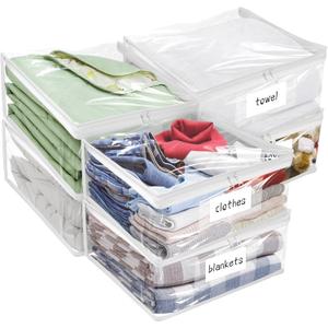 Plastic Storage Bags with Easy-Glide Zipper, Pack of 6, Durable Clear Vinyl Zippered Storage Bags for Clothes Sweaters Comforters Blankets Sheets Bedding (14.2 x 12 x 3.2 Inch, White)