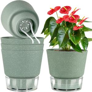 Plant Pots 6 inch Self Watering Pots, 5 Pack Flower Pots Outdoor Indoor, Planters with Drainage Hole and Tray Saucer-Green