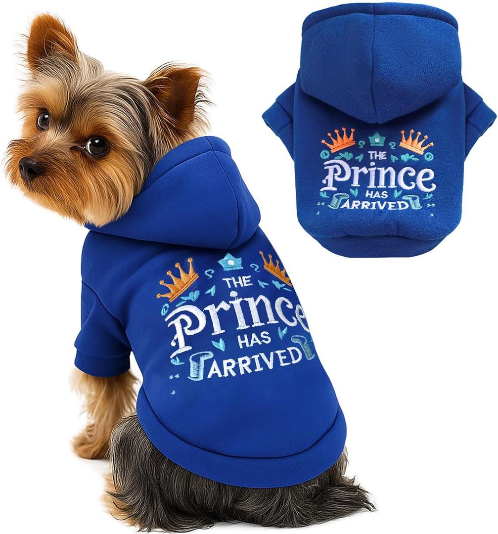ABRRLO Small Dog Hoodie Clothes Cute Blue Prince Fleece Dog Sweater for Small Dogs Cats Boy Warm Puppy Sweatshirt with Leash D Ring Fall Winter XS Pet Doggy Outfit Chihuahua Yorkie Shihtzu(Blue,S)