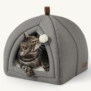 Bedsure Cat Beds for Indoor - 2 in 1 Cat Cave House Tent for Kittens and Small Pets with Removable Washable Cushioned Pillow, Foldable Kitten Hideaway with Non-Slip Bottom, Grey, 16 inches