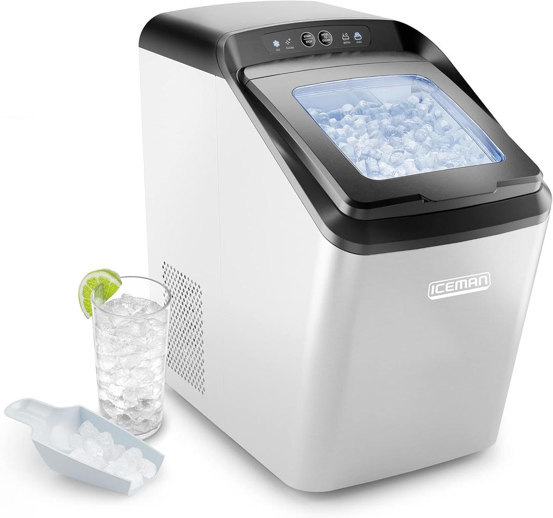 Iceman Countertop Nugget Ice Maker  Pebble Ice Machine, Soft Chewable Pellets in 20 Min, 26Lbs/24H, 3lb. Capacity, Waterline-Compatible, Self-Cleaning, Stainless-Steel + Scoop