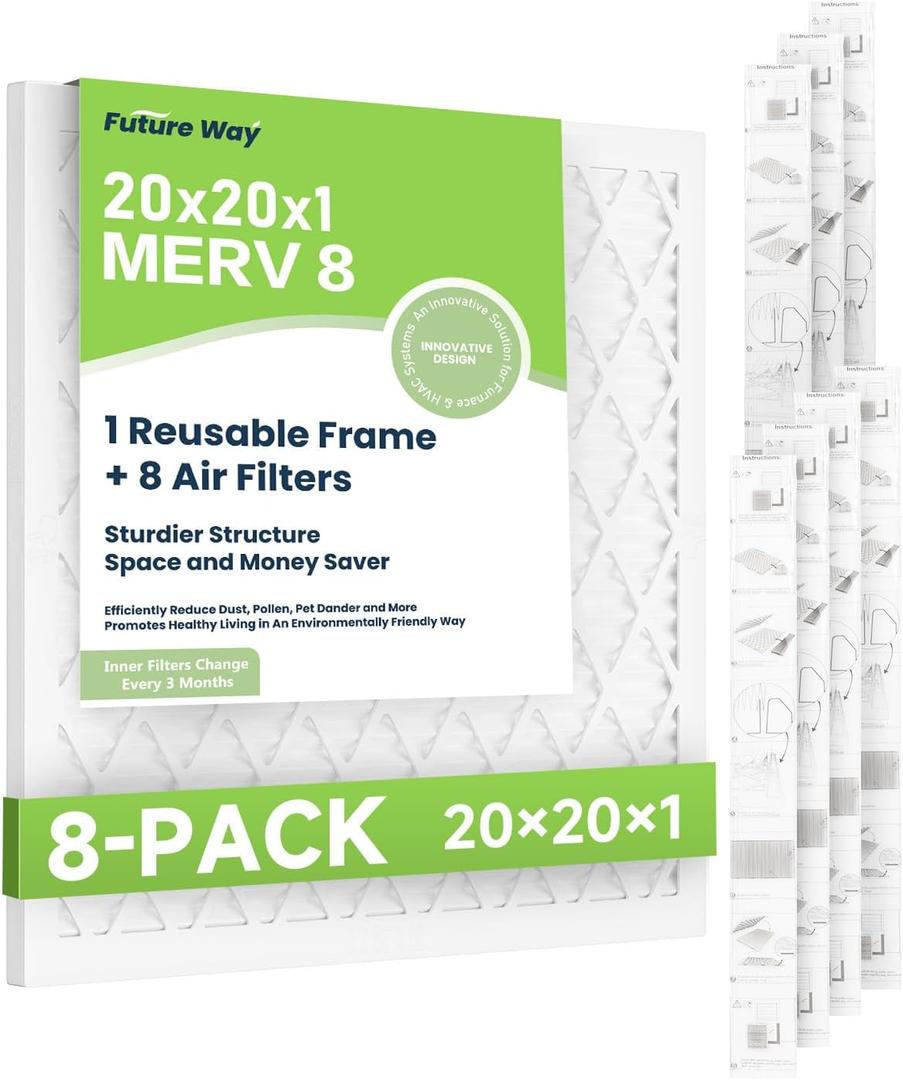 Future Way 20x20x1 Air Filters, 8-Pack with Reusable Frame, MERV 8, MPR 700 AC Furnace Filters, Space Saving & Cost-effective