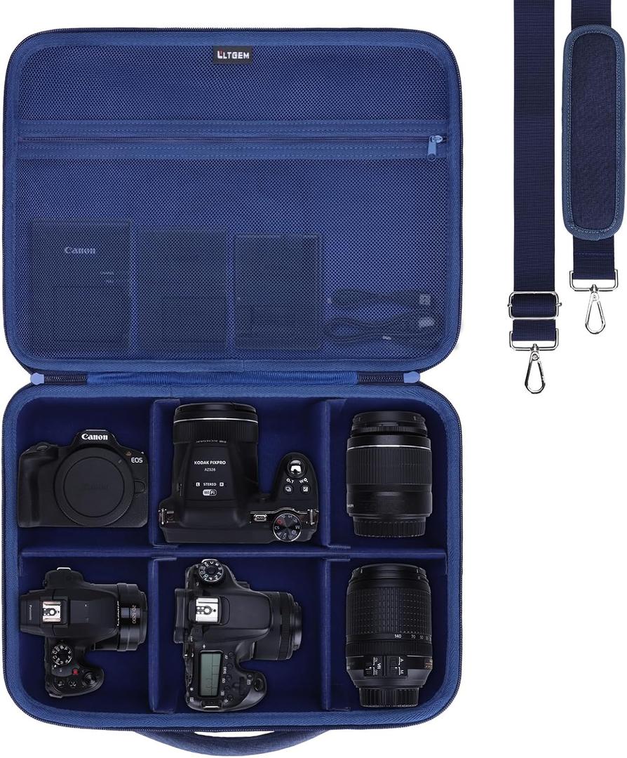 L LTGEM Large Camera Case Compatible with Canon/Sony/Nikon DSLR Mirrorless Camera and Multiple Lens, Hard Travel Carrying Case with 5 Dividers and Shoulder Strap, Navy Blue