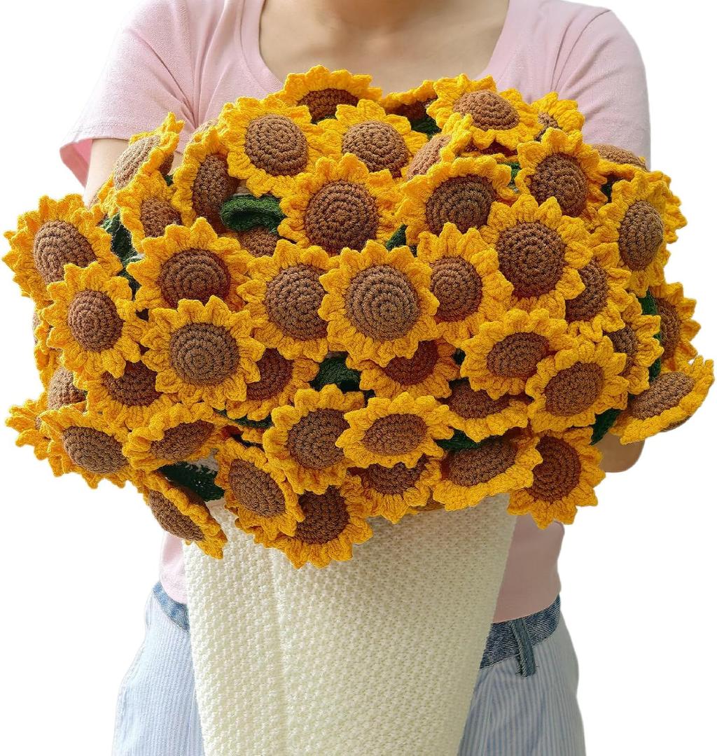 Crochet Sunflower Bouquet Blanket, Handmade Flower Blankets, 59 Inch Round Floral Knitted Gifts for Mother's Day, Birthday, Teacher, Friend, Home Decor, SofaFinished Product