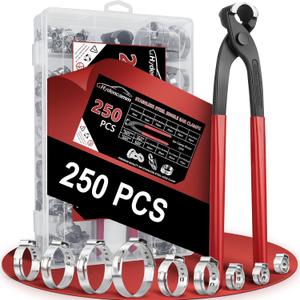 250PCS 14 Sizes Single Ear Hose Clamp, 5.3-33.1mm 304 Stainless Steel Ear Clamp Kit with Ear Clamp Pincer, Stepless Hose Clamps Cinch Rings for Automotive, Home Appliance Line, Outdoor, and Plumbing