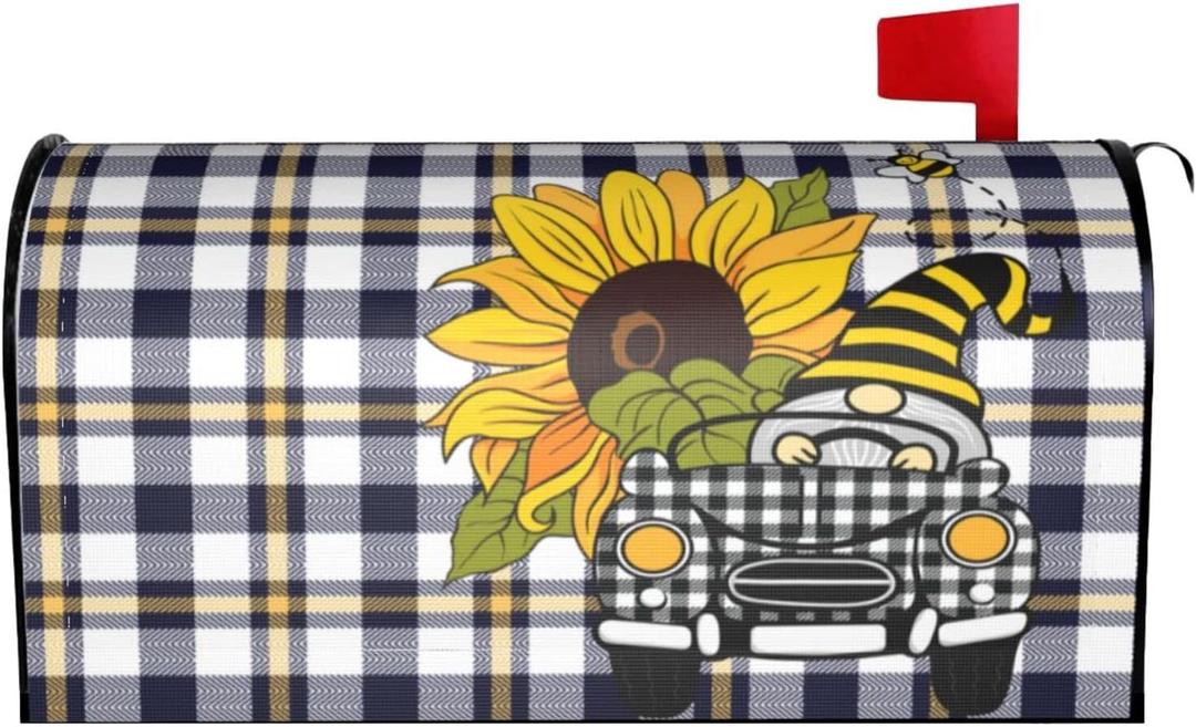 Funny Summer Gnome Driving Car and Sunflower Waterproof Mail Cover Magnetic Mailbox Wraps Plaid Pattern Post Letter Box Cover for Garden Home Decor 21x18 in