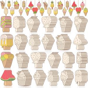 Thyle 120 Pcs Summer Ice Cream Wooden Crafts Unfinished Cutouts Ornaments to Paint Summer DIY Cutouts Hanging Tree Ornament Bulk for Kids Painting Party Decor Supplies