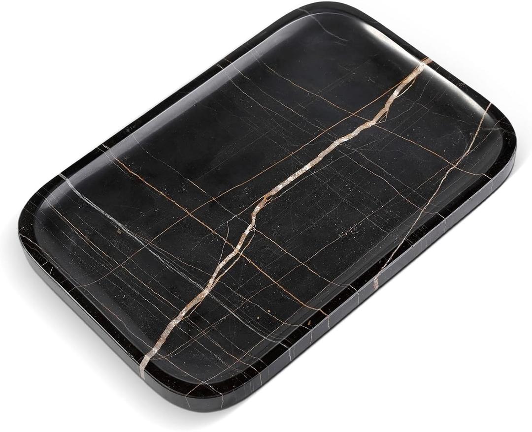Koville Marble Tray, 12"x8" Natural Marble Vanity Tray for Countertop Bathroom Kitchen Dresser, Decorative Catchall Trays for Perfume Jewelry, Rectangular Stone Serving Tray(Black)
