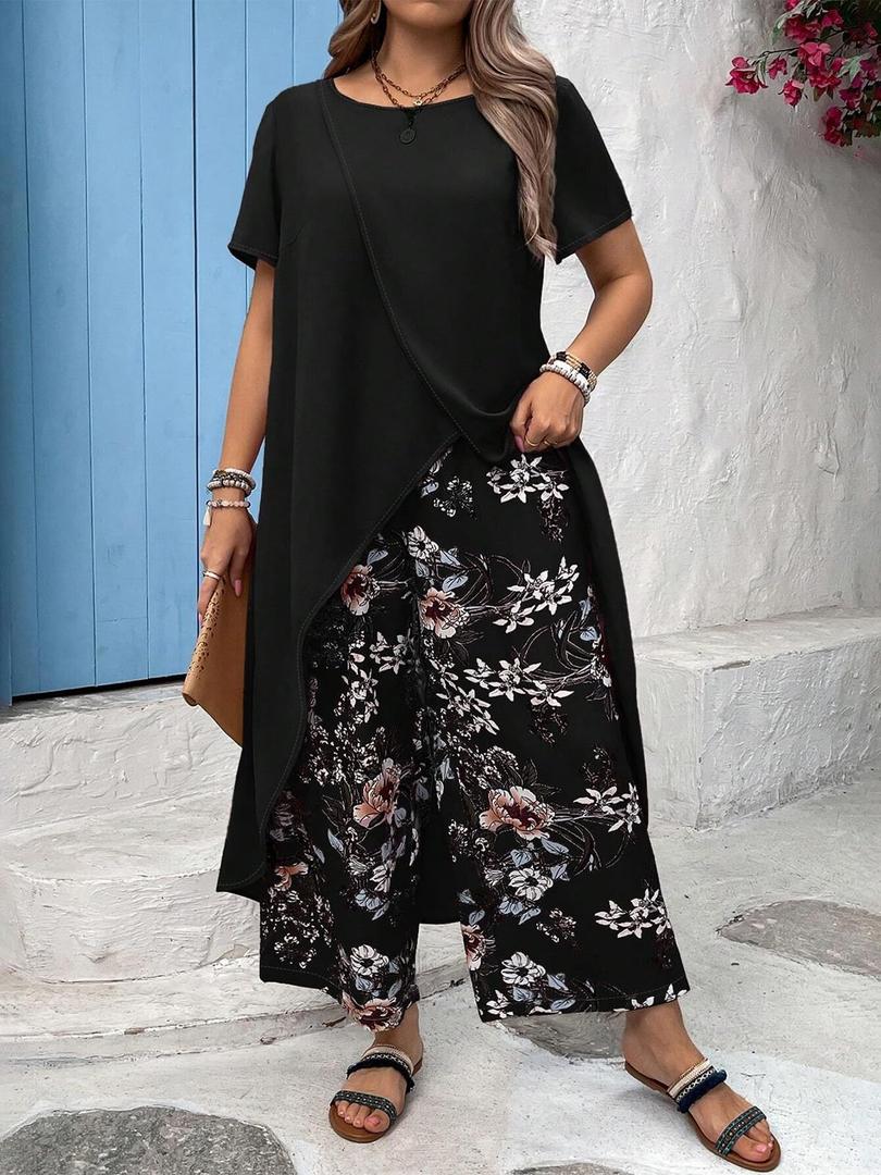 Womens 2 Piece Outfits High-Low Hem Long Sleeve Top Elastic Waist Floral Wide Leg Pants Sets, 0X
