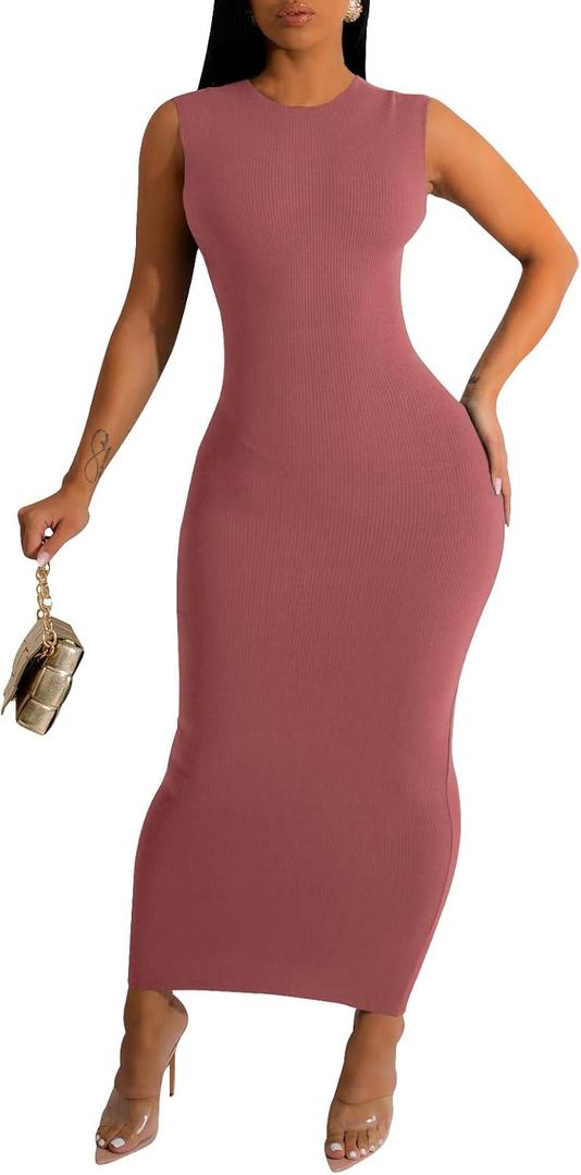 Women's Sexy Casual Bodycon Ribbed Tank Dress Scoop Neck Sleeveless Club Dresses (Pink, L)