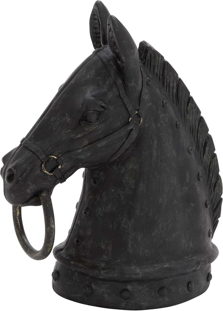 Deco 79 Polystone Horse Decorative Sculpture Antique Style Head Home Decor Statue with Hitching Post and Gold Accents, Accent Figurine 9" x 6" x 12", Black