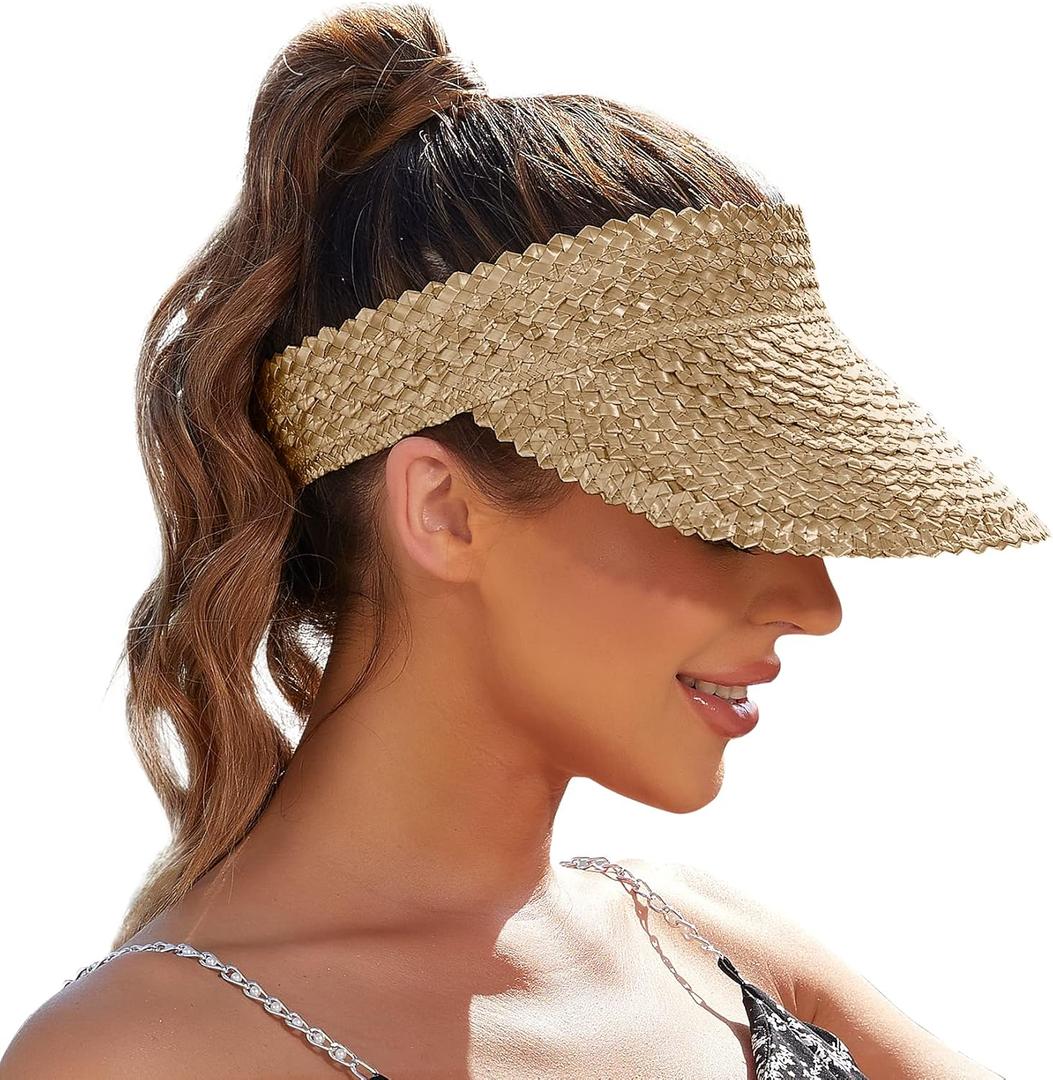 Straw Sun Visors & Hats for Women - Packable Beach Hats, Handmade, Sun Protection (One Size, Khaki)