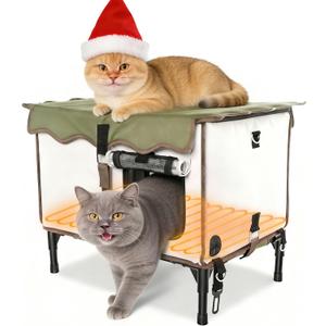 BNZ Indestructible Heated Cat House for Outside Winter, Weatherproof, Safe Escape Door, Insulated Outdoor Cat Shelter with Heater for Feral Barn Cat Kitty(21''x15''x13'')